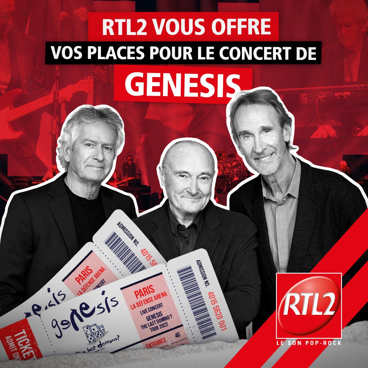 RTL2officiel's tweet photo. Pour finir cette semaine de concours, #RTL2 vous offre vos accès pour la toute dernière tournée de @genesis_band  les 16 et 17 mars prochain à La Defense Arena à Paris ! 🎸

Pour participer : #RT et commentez cette publication avec la date à laquelle vous aimeriez venir  ❤️ https://t.co/ilGSSk8CGE