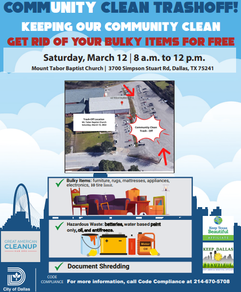 GreenDallas's tweet photo. Spring cleaning is in full effect, and we couldn't be more excited. Join Code Compliance this Saturday from 8 a.m. to 12 p.m. and get a head start on becoming more eco-friendly by getting rid of bulky items.
#trashoff #recycle #cityofdallas https://t.co/sHsA7MW8nF