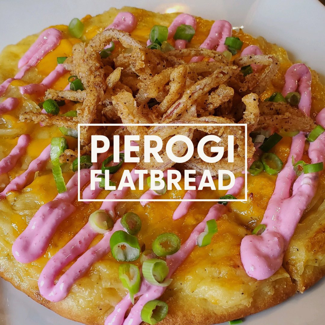 LevityBeer's tweet photo. Pierogi Flatbread 👉 EVERY FRIDAY during Lent!  Warm flatbread topped with cheesy mashed potatoes, caramelized onions, beet sour cream, and crispy fried onions. #LentenMenu #FridaySpecial

📲 For Take-Out: call (724) 427-5665 or order online at https://t.co/E2s8g1Pv68 https://t.co/GMzSu7oUxF