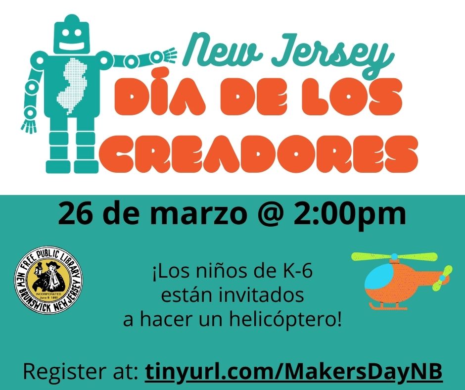 NBFPLNJ's tweet photo. Kids in grades K-6 are invited to celebrate NJ Makers Day by making a helicopter at the NBFPL on 3/26! Register: https://t.co/zqI4sdGRBy. For more info, contact kstuppi@Lmxac.org or call 732-745-5108 x31.
#NJMD #MakersDay #Make #NBFPLkids #NJlibraries #NewBrunswickNJ
@njmakersday https://t.co/8sOoEvUeyc
