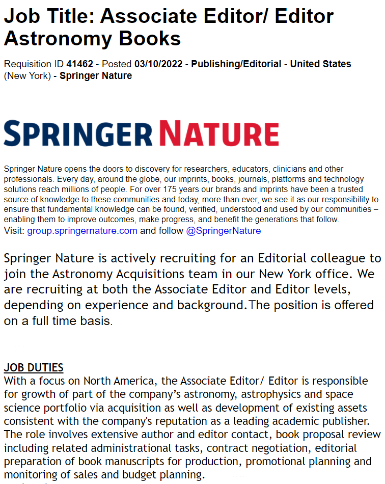 SpringerAstro's tweet photo. #JobOffer: Associate Editor/ Editor Astronomy Books in SpringerNature's New York office
https://t.co/D71M50qeql
#job #editor #astronomy #books #publishing  #NewYork https://t.co/z7utV5xY4i