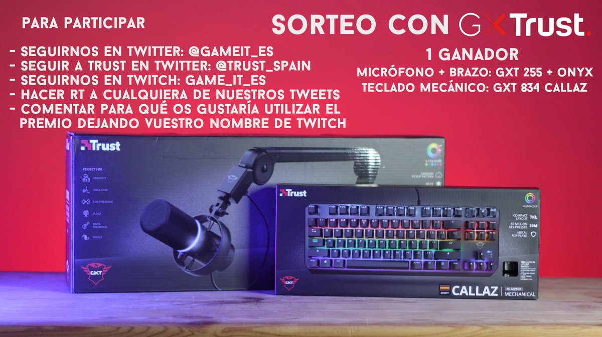 gameit_es's tweet photo. ¡¡Nuevo #Sorteo!!

Nos unimos con @Trust_Spain para daros la oportunidad de haceros con este pack para streaming.

-Microfono + brazo Trust GXT 255 + Onyx
-Teclado mecánico Trust GXT 834 Callaz.

Más información del sorteo en: https://t.co/RH8HFGmBTa

https://t.co/URIzgA9g1u https://t.co/IflTIXkCmp