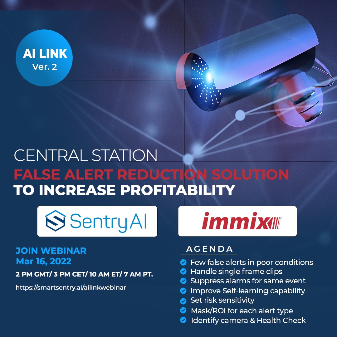 smartsentry's tweet photo. Looking to monitor camera without increasing your cost? Deal with challenging outdoor cameras that flood your monitoring system with false alarms? Join our Webinar to check out the latest Immix and Sentry AI solution to help increase profitability. https://t.co/uuS56FJMKQ https://t.co/Qg7vkgzTRJ