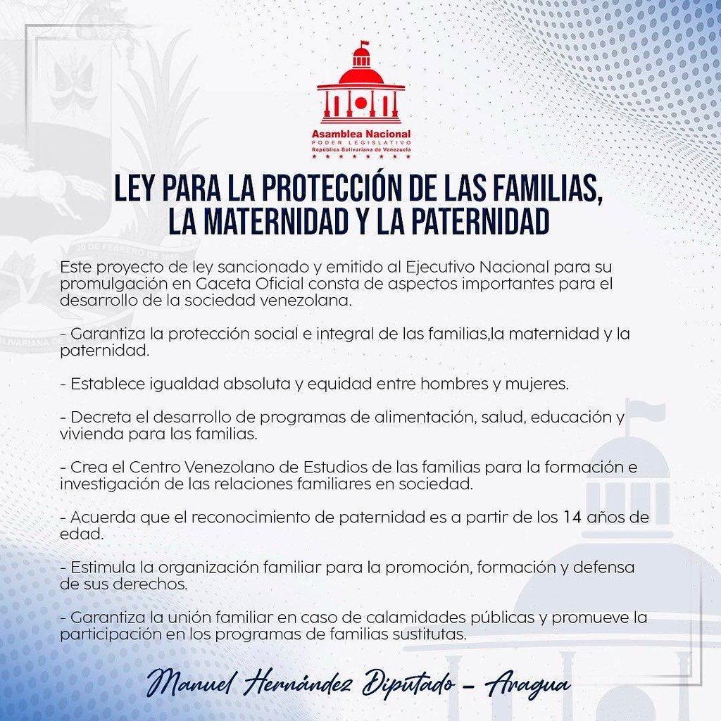 Manueljuventud2's tweet photo. #ElDatoDeMiGente Por redes sociales consultamos si conocían la Reforma de Ley para la Protección de las Familias, la Maternidad y la Paternidad aprobada por la @Asamblea_Ven, más del 80% afirmó no conocerla. Les dejo un resumen de esta importante ley #DiálogoEsReconciliación https://t.co/72RmGu2Laa