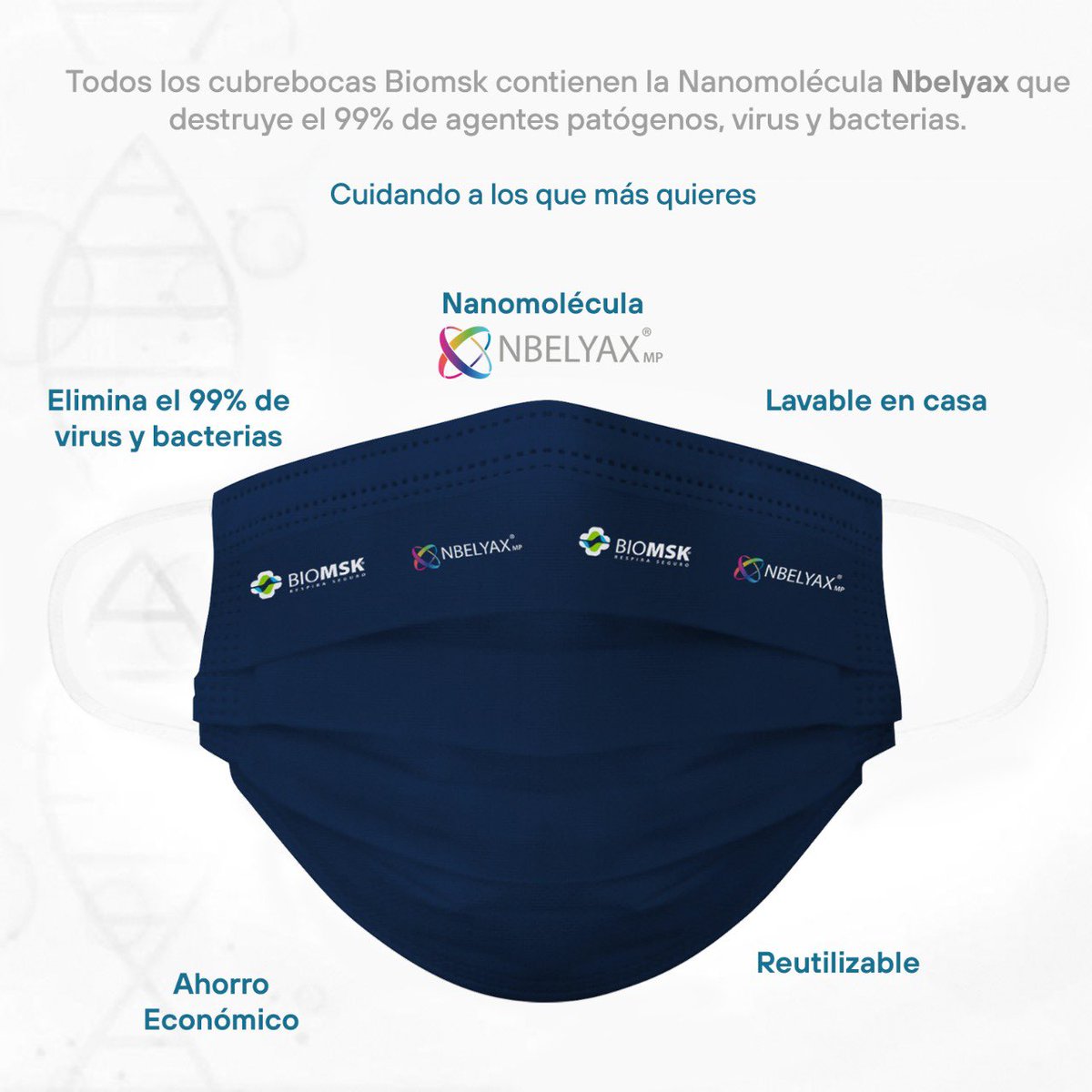 Biomskmx's tweet photo. El ingrediente activo Nbelyax®️ de tan solo 2 Nanómetros es el sistema antimicrobiano más avanzado del mundo. Es una nanobiomolecula diseñada para penetrar en los microrganismos patógenos y así destruir su DNA. 🧬🦠

#Biomsk #ElMejorCubrebocas #Protección #Seguridad https://t.co/w7q61Ur58D