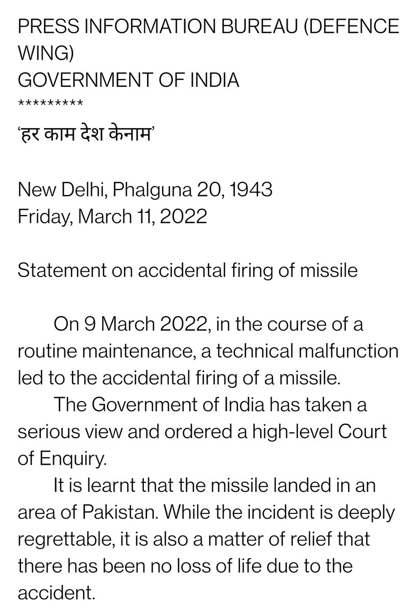 DefenceEra's tweet photo. #India confirms "accidental firing of missile" into #Pakistan; calling the incident "deeply regrettable", India statement says, "matter of relief that there has been no loss of life due to the accident." https://t.co/pzEUM1kMvn
