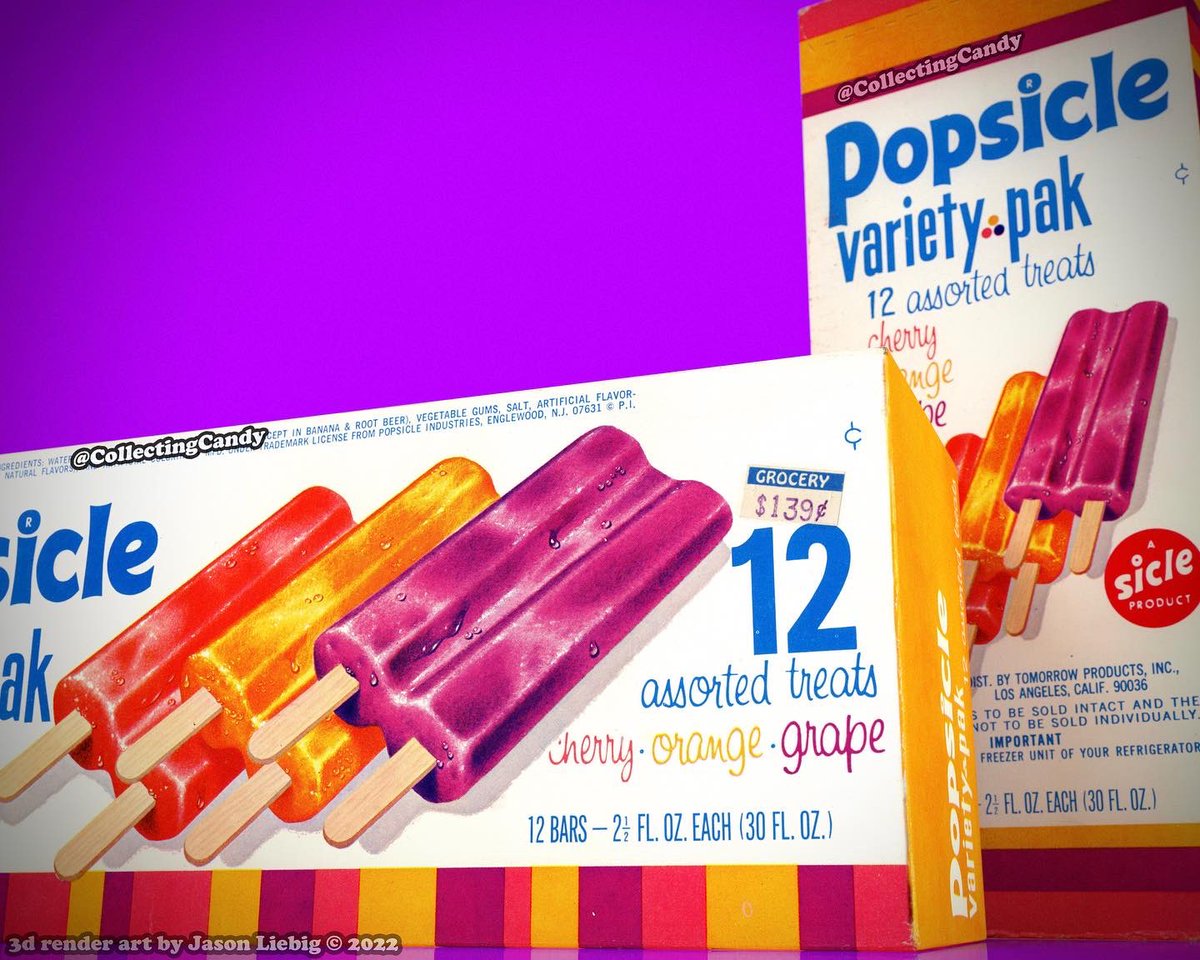 Collectingcandy's tweet photo. Coming in from the late 1970s, a @Popsicle 12-count variety pack box render piece!
#vintagepackaging #popsicle #1970s #70s #70snostslgia #packagingdesign #3drender #boxshot #vintagepricetag @TheDieline https://t.co/uBSBOORzmM