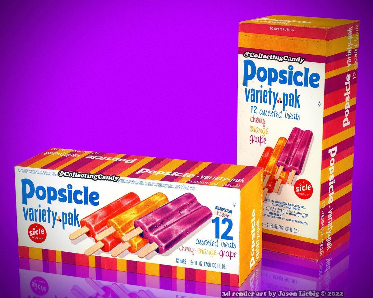 Collectingcandy's tweet photo. Coming in from the late 1970s, a @Popsicle 12-count variety pack box render piece!
#vintagepackaging #popsicle #1970s #70s #70snostslgia #packagingdesign #3drender #boxshot #vintagepricetag @TheDieline https://t.co/uBSBOORzmM