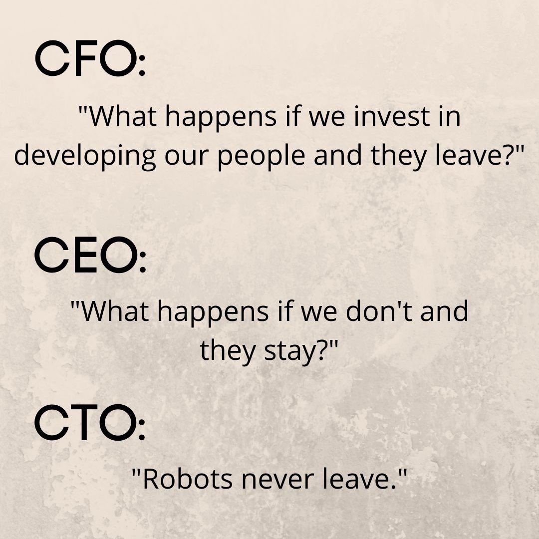 foylum's tweet photo. Cfo: personelin gelişimine yatırım yaparsak ve ayrilirlarsa ne olur?
CEO: Peki ya yapmazsak ve kalırlarsa ne olur?
CTO: Robotlar asla sizi bırakmaz 😎
#technology #invest #teknopalas https://t.co/UcW9SJ080k