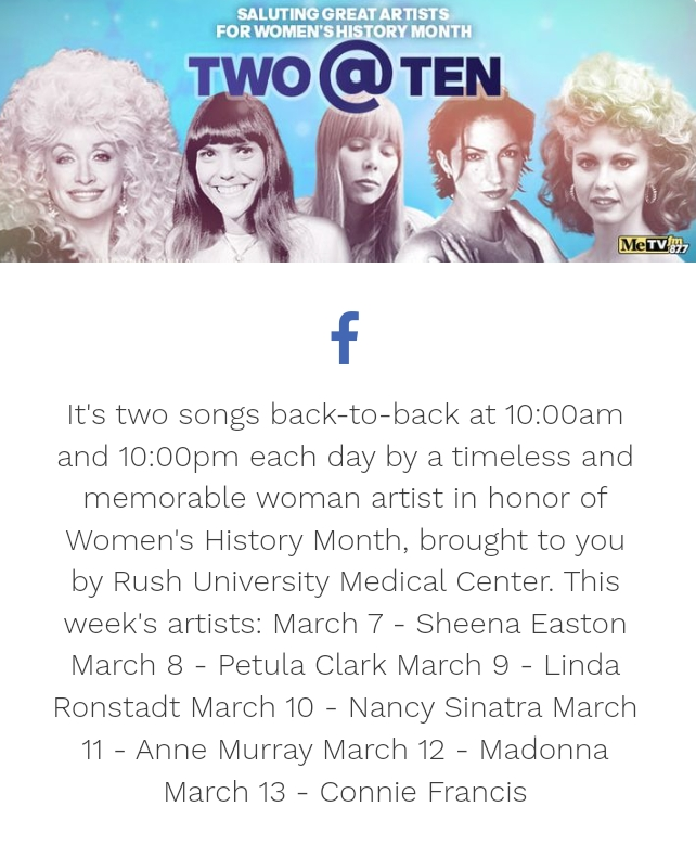 VenusInMomJeans's tweet photo. Saluting Great Artists for #WomensHistoryMonth #TwoAtTen on the radio at 10am and 10pm
@MeTVFM 87.7FM https://t.co/fBT7nll9Ay
Saluting #AnneMurray!!!
For 10am #MeTVFM played #JustAnotherWomanInLove and #ShadowsInTheMoonlight. I've loved Anne's voice and songs since the 1970s. https://t.co/vvVSxsfqwf