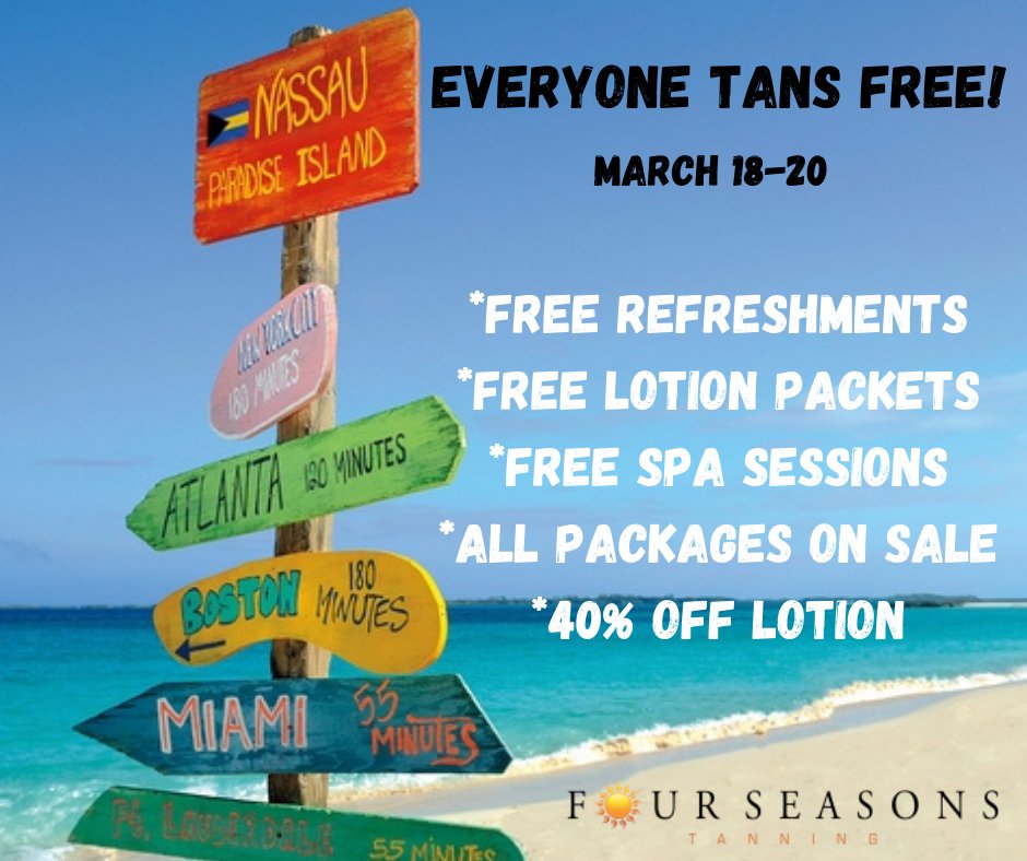 FourTanning's tweet image. This is the deal of the year!!!
Bring your friends, your family, and your neighbors!
Everyone tans FREE!
#FreeTanWeekend #fourseasonstanningsalon #springishere☀️