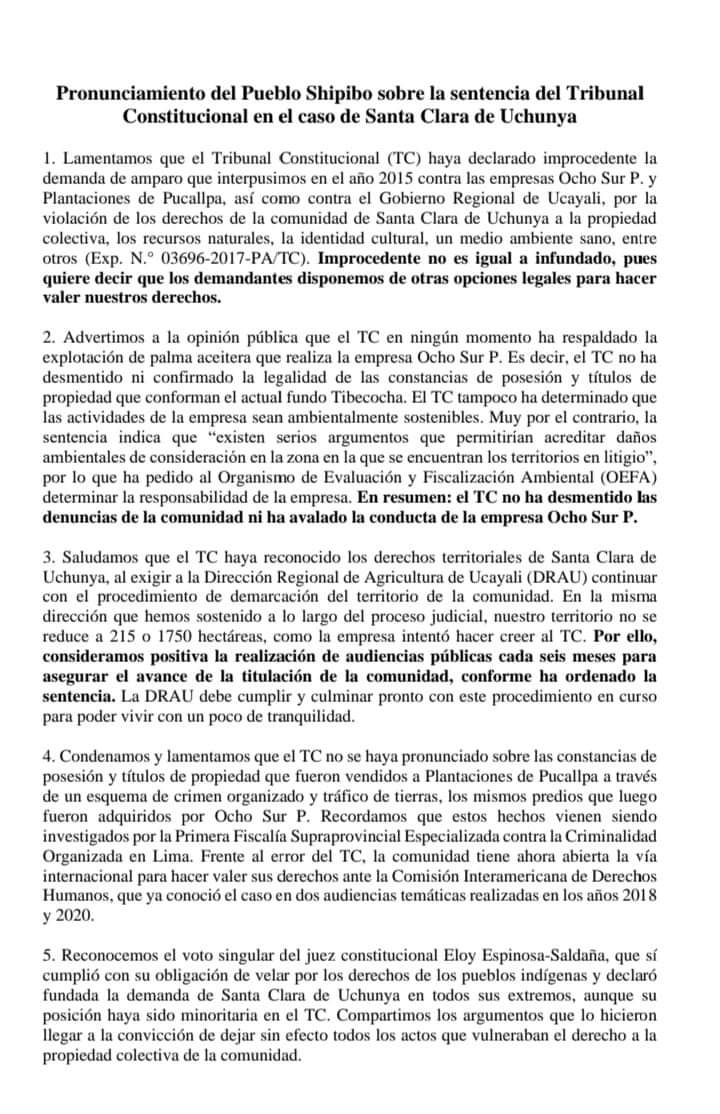 feconau1's tweet photo. 🚨#URGENTE🚨
El pueblo Shipibo se pronuncia ante la sentencia del @TC_Peru en el caso de la comunidad Santa Clara de Uchunya. https://t.co/tF40mMWo9D
