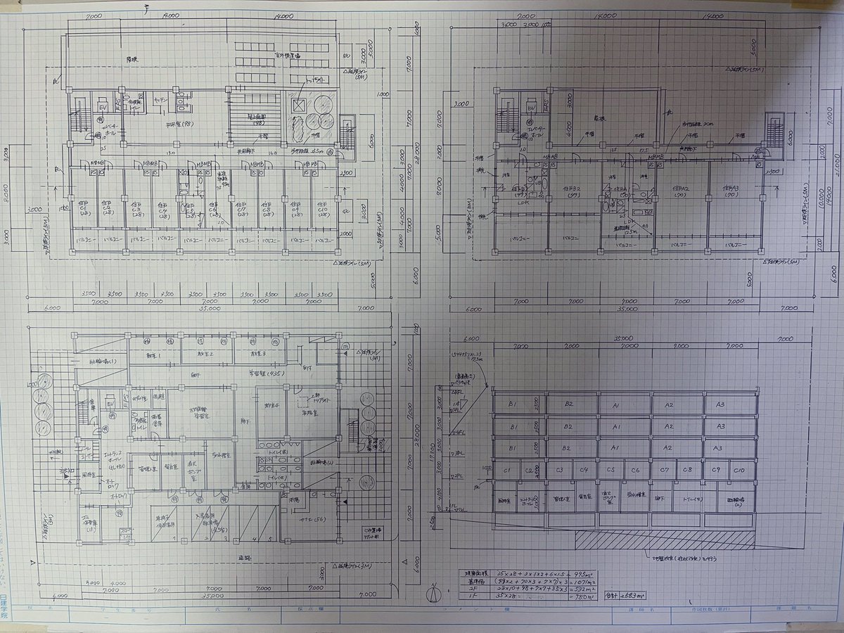 kenbti's tweet photo. 2021年集合住宅→ランクⅣ
道路斜線東側未記入(西側書いた。東側余裕あるじゃん！の油断)
屋外避難階段2m以内に開口部
空間構成　配置計画ミス(西側住宅部門アプローチ、東側からはいけないじゃん、車はいけるのに) https://t.co/pEkg6lS6xy