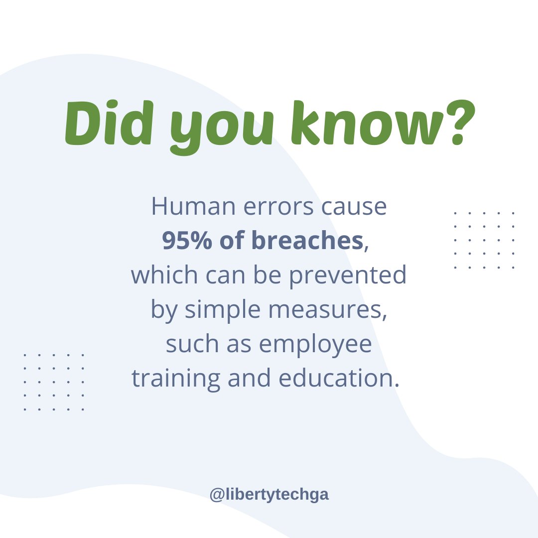 libertytechga's tweet image. Not-so-fun fact: 95% of breaches are caused by human error. Simple employee training can help lower your risk. Ask about our end-user training that&apos;s included in our OneSource Managed Services platform! 🔒💚 #libertytechga #managedservices #endusertraining