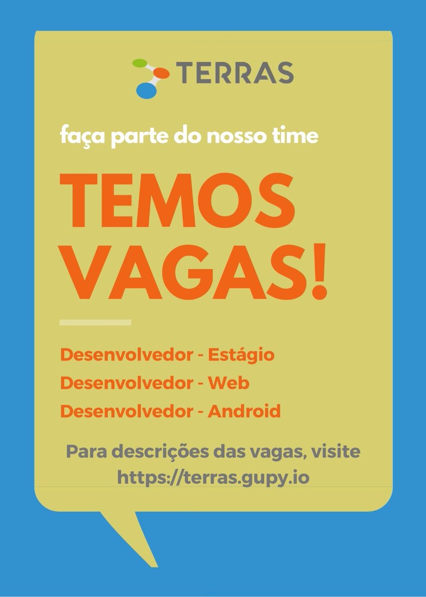TerrasApp's tweet photo. Desenvolvedor de software, se você procura uma empresa que possua um ambiente colaborativo, inovação constante, com grandes oportunidades e que tenha como propósito causar impacto positivo na sociedade, seu lugar é conosco!

Confira as vagas aqui: https://t.co/nvtWFBHjUb https://t.co/LFUawLy3mv