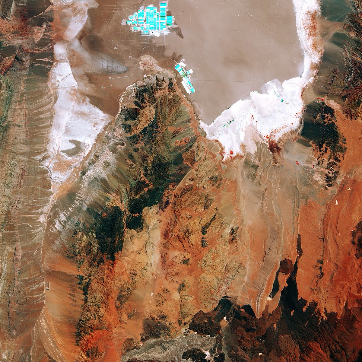 ESA_EO's tweet photo. The @CopernicusEU #Sentinel2 mission takes us to the Atacama desert🏜️
At the top of the image, we can see part of #Chile's largest salt flat, the Salar de Atacama. The bright turquoise rectangles and squares visible along the top part of the image are evaporation ponds. https://t.co/J5V8yFBX2b