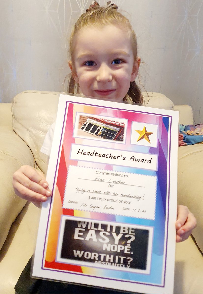 HannahGarvinn's tweet photo. @MayfieldOldham We are so so proud of Esme trying really hard with her handwriting! She is doing absolutely amazing ✍ and she is very happy to have got the head teachers award 😀 https://t.co/7kOHdDQZj3