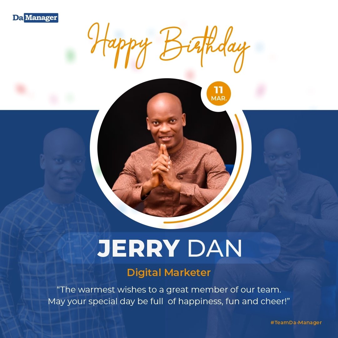 damanagerltd's tweet photo. Happy Birthday Jerry Dan and may your dreams come through in due time.

The whole team celebrate with you today and always. Cheers to your new age.

#friday #birthday #digitalmarketer #happybirthday #damanager #team #celebration https://t.co/4WXmTOxoIM