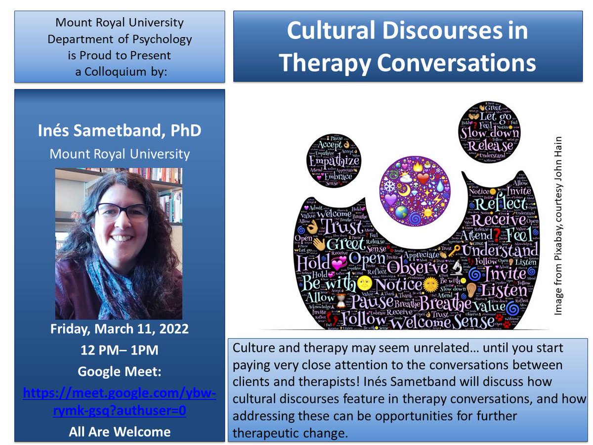PSYCMRU1's tweet photo. Please join us today at noon - Our very own Inés Sametband will present a Colloquium about culture and how it relates to therapy. @mountroyal4u @MRU_Arts https://t.co/AnL7rbOVGi