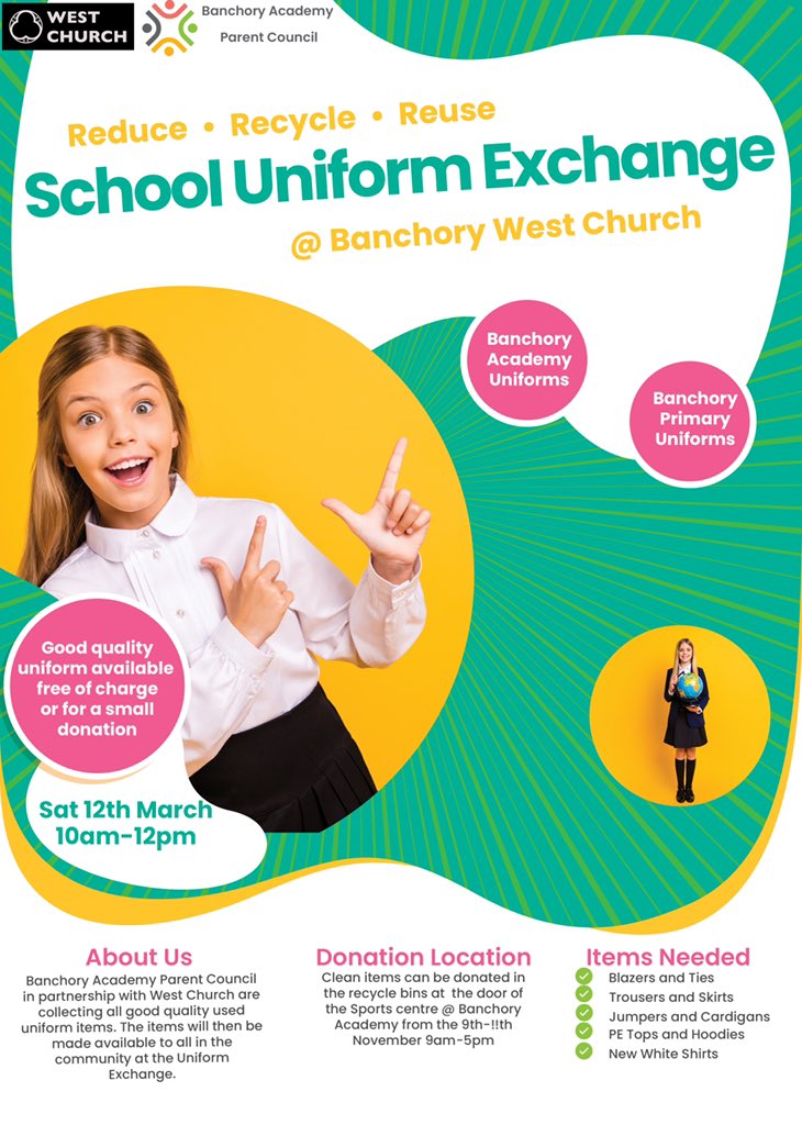 parent_forum's tweet photo. Thank you for all the donations for the Uniform Exchange. Don’t forget to come along tomorrow to pick up and uniform items you need for Banchory Primary and Academy 

10am -12pm @Banchory West Church, enter on Mount Street https://t.co/bUgdu8qgVn