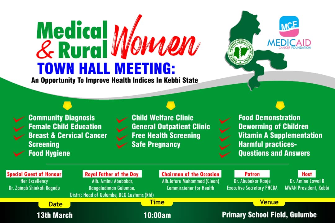 MalcolmAlkalee's tweet photo. To mark the #InternationalWomensDay 2022, @MedicalWomensA1-Kebbi is organising a Medical Outreach in Gulumbe Town on Sunday, 13th March 2022. @MedicaidcfP will be offering #FreeBreast & #CervicalCancer Screenings.
Encourage your loved ones to come & benefit.
#HealthIsWealth https://t.co/Zs3A1yQiun