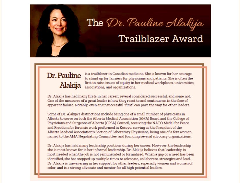On Canadian Women Physicians Day, I would like to extend my gratitude to all past, present and future #womeninmedicine #trailblazers! 

Dr. Alakija is a trailblazer who has led positive culture change and is the namesake of a new award! equityinmed.com/dr-pauline-ala…
