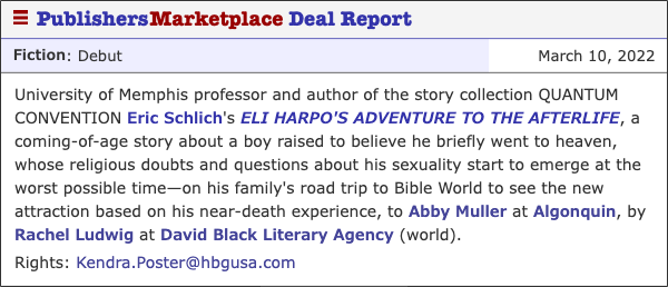 ebschlich's tweet photo. Guess what? I sold a book! 
My debut novel, Eli Harpo's Adventure to the Afterlife, will be published by @AlgonquinBooks. Thanks to @RachelLudwig19  and @_abbymuller! Can't wait to send Eli out into the world! 😜 https://t.co/r6b57eYk2D