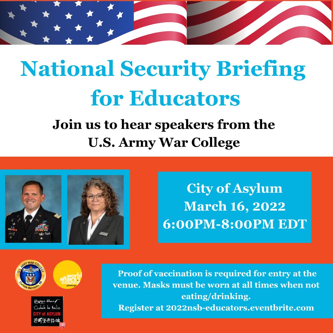 WorldPittsburgh's tweet photo. Both #students and #educators have the opportunity to hear from @ArmyWarCollege during a National Security Briefing!

These hybrid programs will cover #nationalsecurity issues and current global hotspots involving the U.S. #military.

Registration links below ⬇️ https://t.co/dmI1LOdwVE