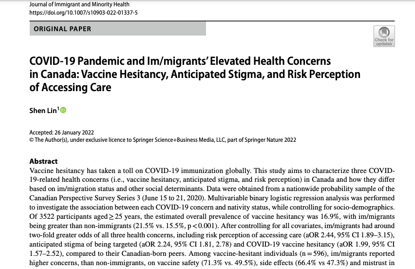lamsonlinshen's tweet photo. 🍀 My recent study is published recently: it is about #Immigrant health concerns (e.g., vaccine hesitancy, stigma, and risk perception of accessing acre) during early #COVID19 #pandemic @UofT_FIFSW https://t.co/mSzUcYgOYC https://t.co/JHCzLfhHvS