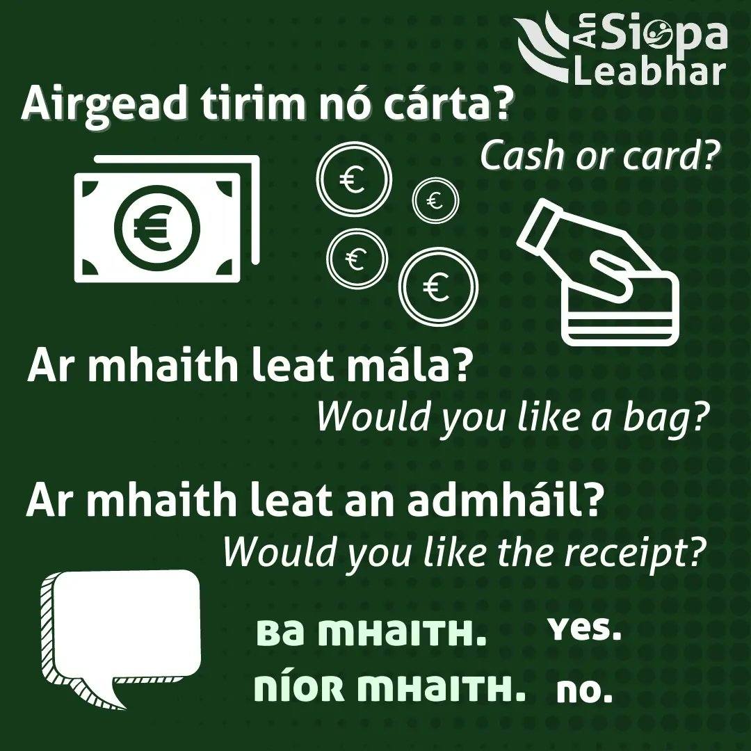 Don't know what to expect on your first visit to An Siopa Leabhar? 

Here are some phrases we use all the time! Seo chugat cuid de na frásaí a bhíonn in úsáid againn! 

#SnaG22