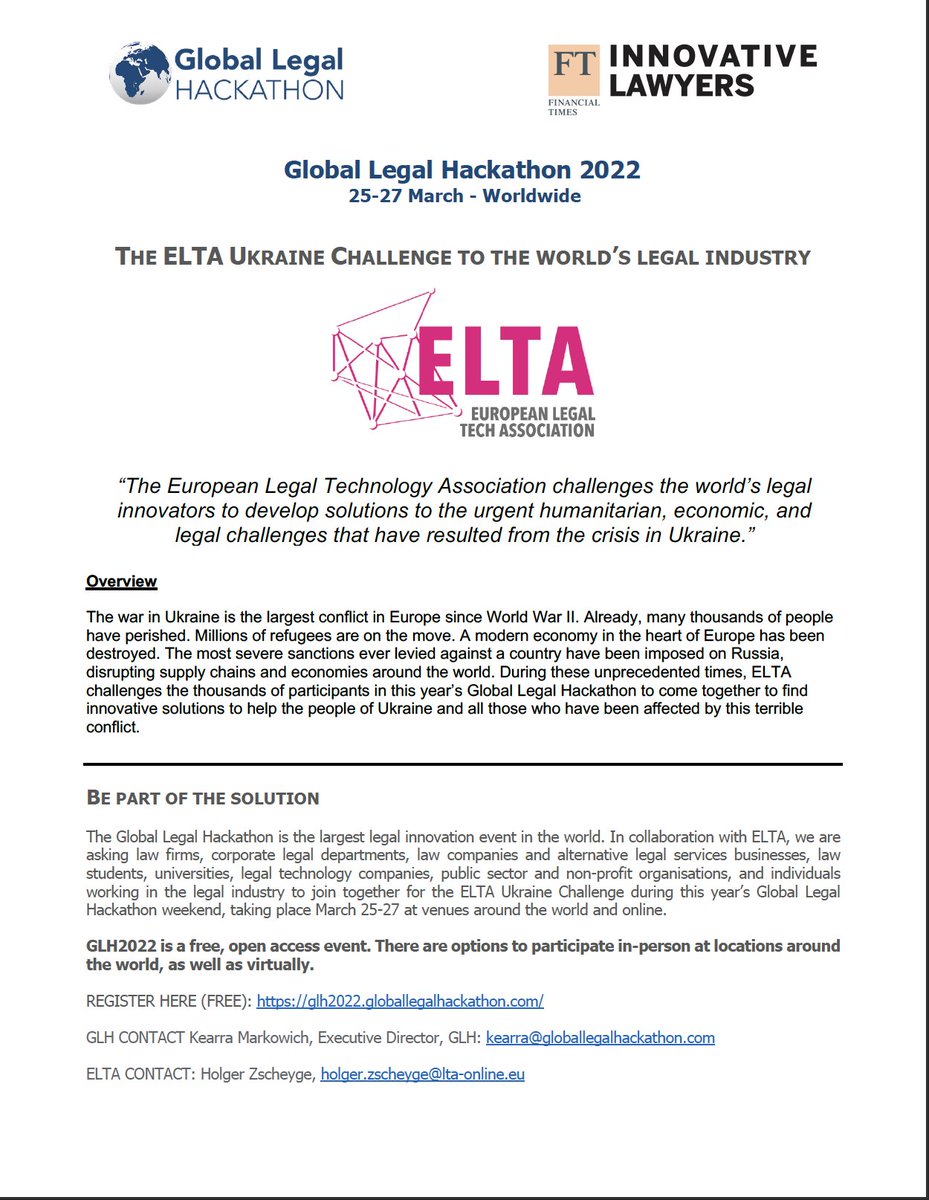 worldhackathon's tweet photo. We are proud to announce the first #GLH2022 global challenge: 

#legal #innovation  #legaltech  #SupportUkraine https://t.co/BLeAj4EQJP