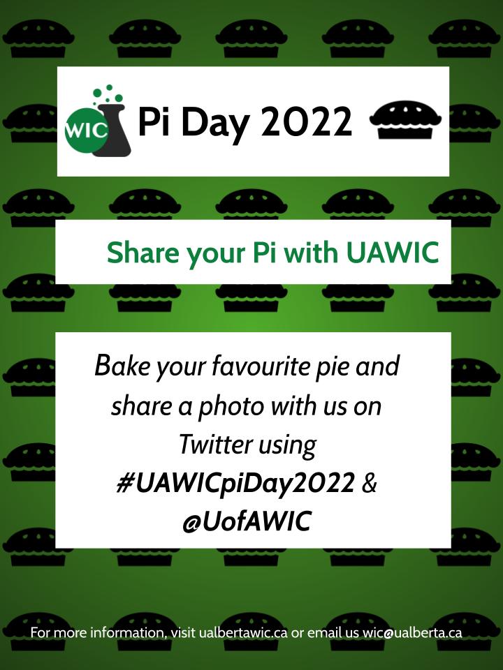 University of Alberta WIC (@uofawic) on Twitter photo Happy Friday <a href="/ualbertaScience/">UAlbertaScience</a> and <a href="/ualbertachem/">UAlberta Chemistry</a> ! Monday is #PiDay and we want to see all of your delicious pies 🥧! Make sure you tag us so we can see all of your baking successes #UAWICpiDay2022 #AcademicTwitter #chemtwitter #UAlberta Happy Friday <a href="/ualbertaScience/">UAlbertaScience</a> and <a href="/ualbertachem/">UAlberta Chemistry</a> ! Monday is #PiDay and we want to see all of your delicious pies 🥧! Make sure you tag us so we can see all of your baking successes #UAWICpiDay2022 #AcademicTwitter #chemtwitter #UAlberta