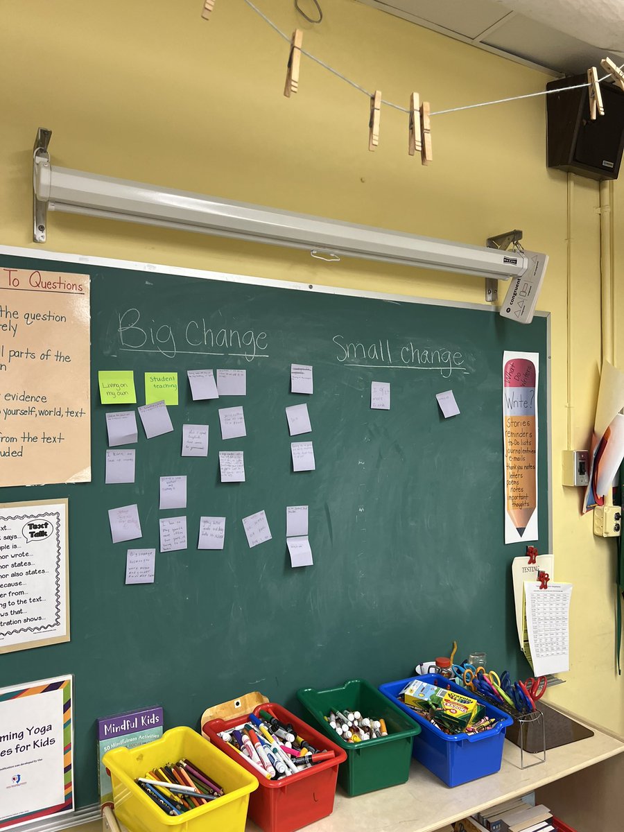 LaurynGiordano's tweet photo. Today @MissRetkwa and I taught a lesson in honor of SEL (social emotional learning) day on dealing with change. Students got to write a change they’ve experienced/experiencing in their life on a sticky note and put it on the board! They got to discuss their feelings as a class! https://t.co/wZc8YvphBV