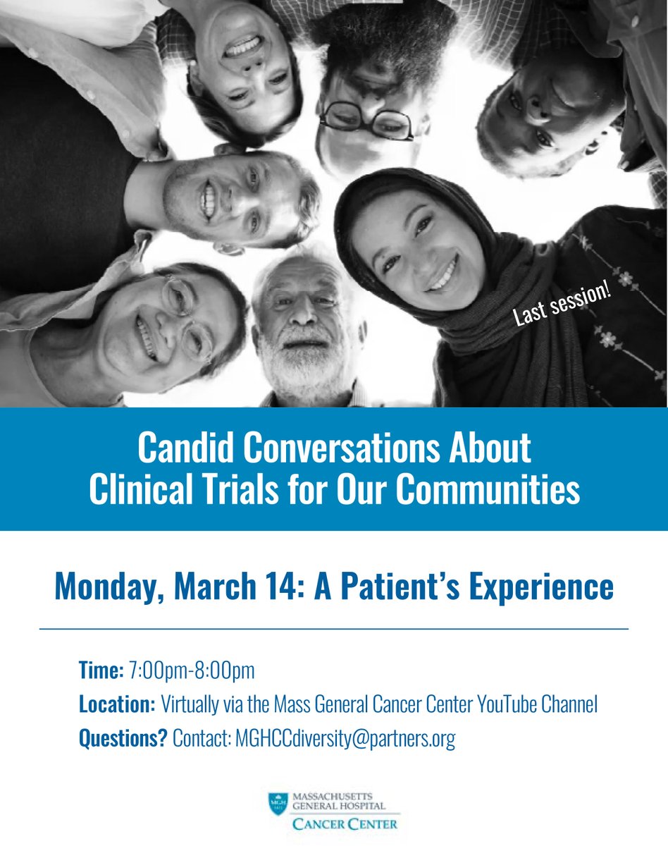 Please join us Monday, March 14 for the final virtual discussion in our #clinicaltrials video series. @brenda_lormil will talk to a patient about their first-hand experience participating in a clinical trial. Learn more: bit.ly/36glBQG