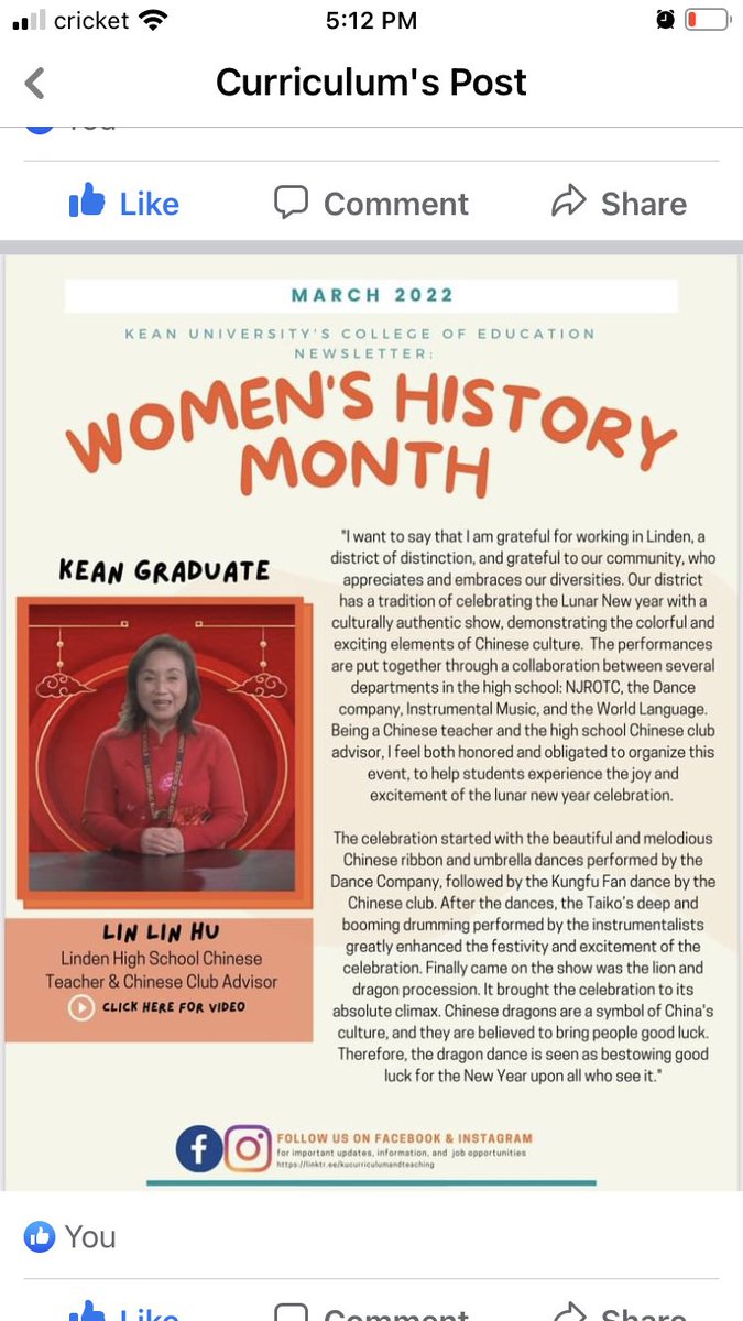 lynnhu2's tweet photo. What a distinctive honor  to have Linden Lunar New Year story featured in Kean University COE March Newsletter in honor of the Women’s History Month. Kudos to our students &amp; the team. #WomensHistoryMonth #Chinesenewyear #lpseslandworldlanguages https://t.co/rsevEWcOsO