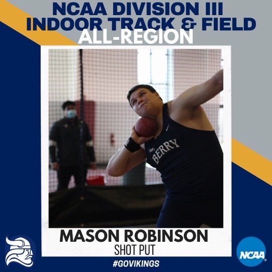 BerryXCTF's tweet photo. Who else doubled up this week? SO Mason Robinson! The Berry Indoor school record holder in the SP and WT, Robinson won the Shot and PR’d in the hammer in his Viking outdoor debut. #WeAllRow https://t.co/4Jc2gbFWYF