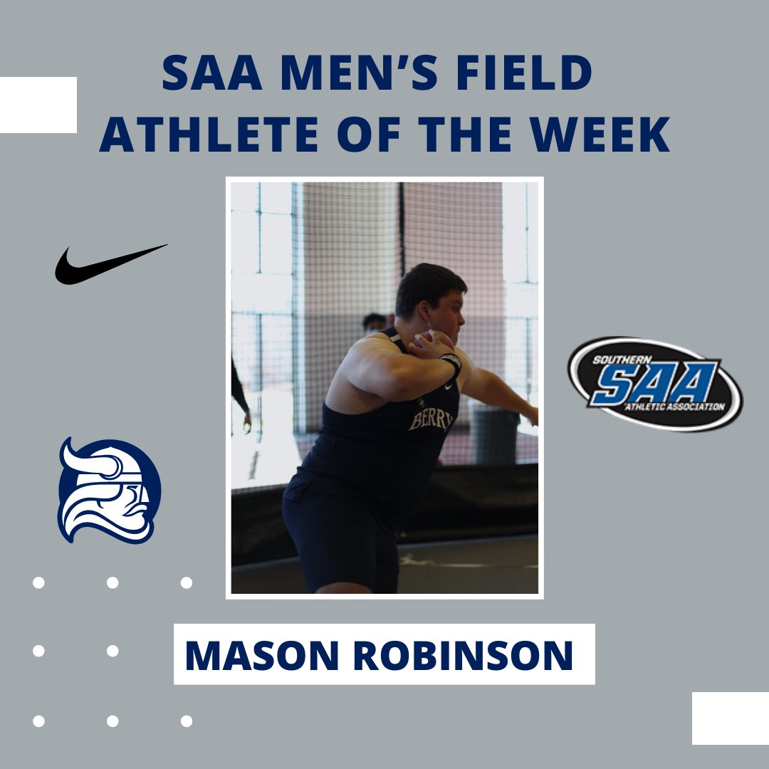 BerryXCTF's tweet photo. Who else doubled up this week? SO Mason Robinson! The Berry Indoor school record holder in the SP and WT, Robinson won the Shot and PR’d in the hammer in his Viking outdoor debut. #WeAllRow https://t.co/4Jc2gbFWYF
