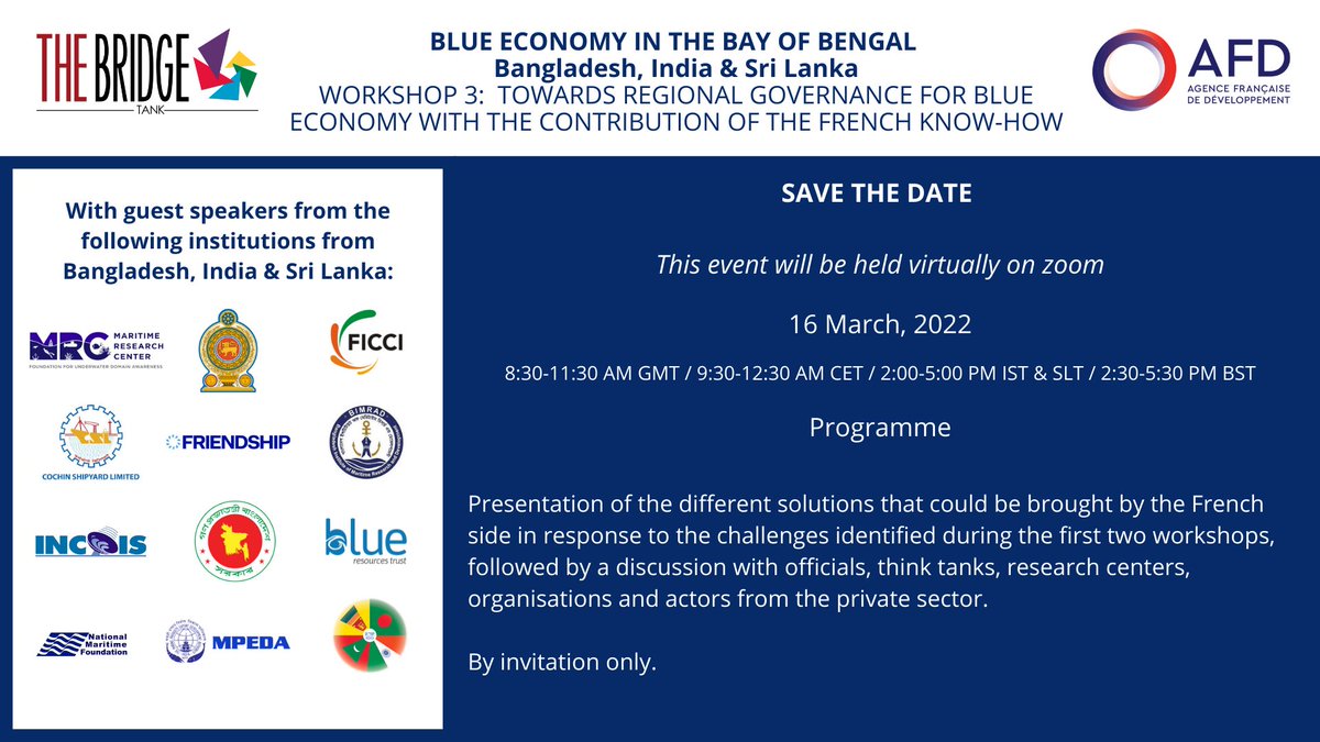 <a href="/TheBridgeTank/">The Bridge Tank</a> is hosting its 3rd and final workshop on #blueeconomy with the French Development Agency <a href="/AFD_France/">Agence Française de #Développement (AFD) 🇫🇷 🇪🇺</a> 16 March 2022. Find out more about our previous workshops below: 

Workshop 1: lnkd.in/guDHzCmX

Workshop 2: lnkd.in/gsV6UK6S