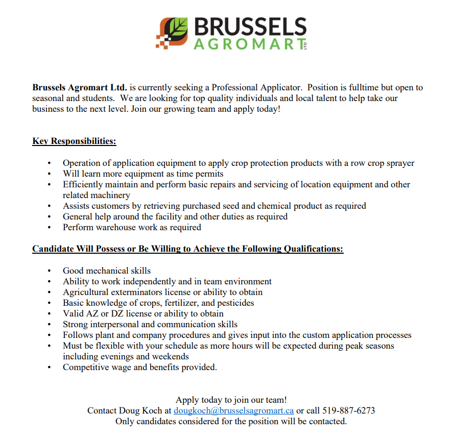 We're looking for a professional applicator to join our team at Brussels this season! 🌽🌱🚜RT's appreciated 🙂