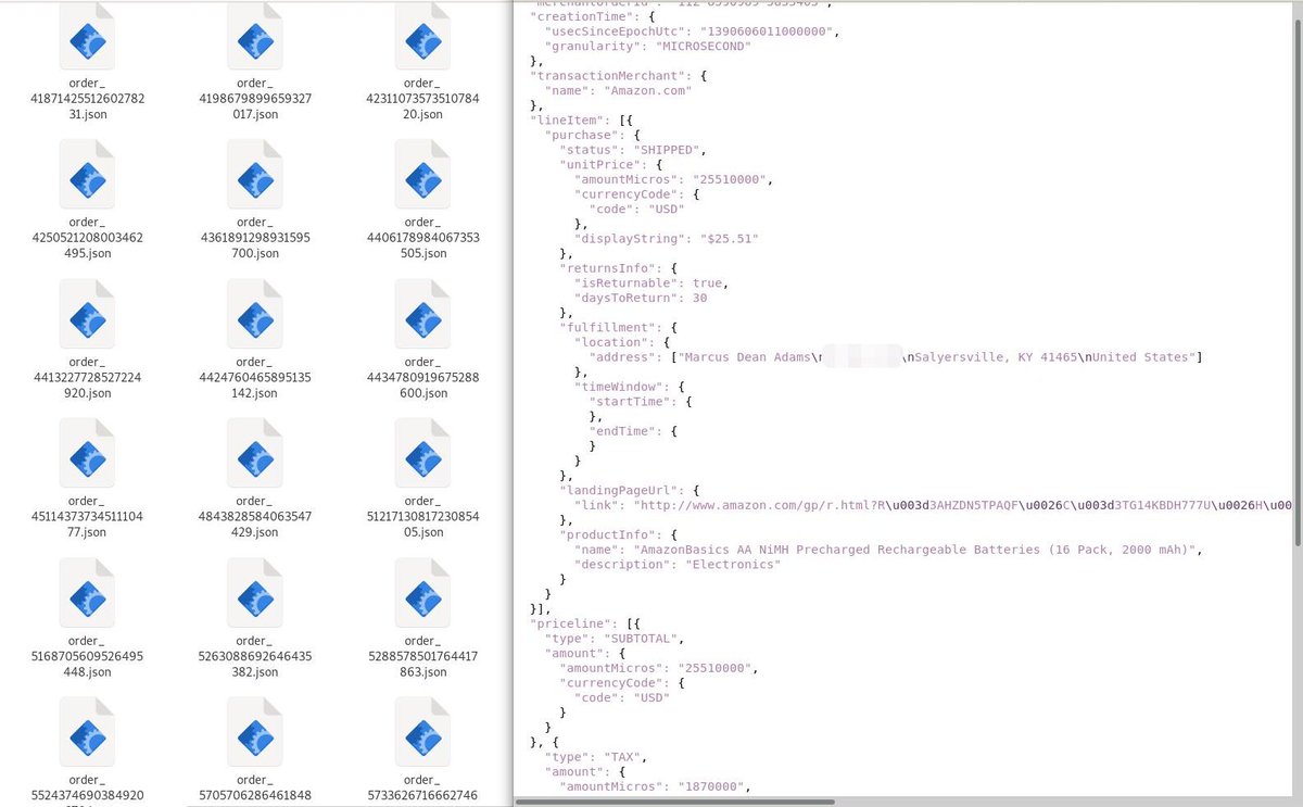 If you use #Gmail, #Google keeps records of everything you buy. Here's metadata from a Google takeout showing price, delivery address, description, vendor, etc. 
Here we explain how the tracking works and how you can stop it: tutanota.com/blog/posts/gma…
#PrivacyMatters #privacy