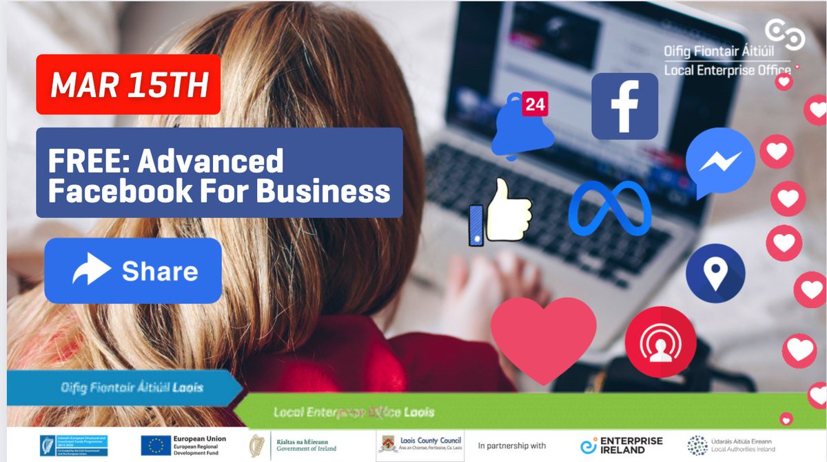 LEOLaois's tweet photo. Ready to take your Facebook strategy and activity to the next level? Learn how to increase sales and leads by joining our FREE online #FacebookAdvanced course for #Laois business. It takes place next week  on Tues Mar 15th, 10.am-12.30pm
Book it now at https://t.co/7RQMZyY0bz https://t.co/ynVVI0yjPU