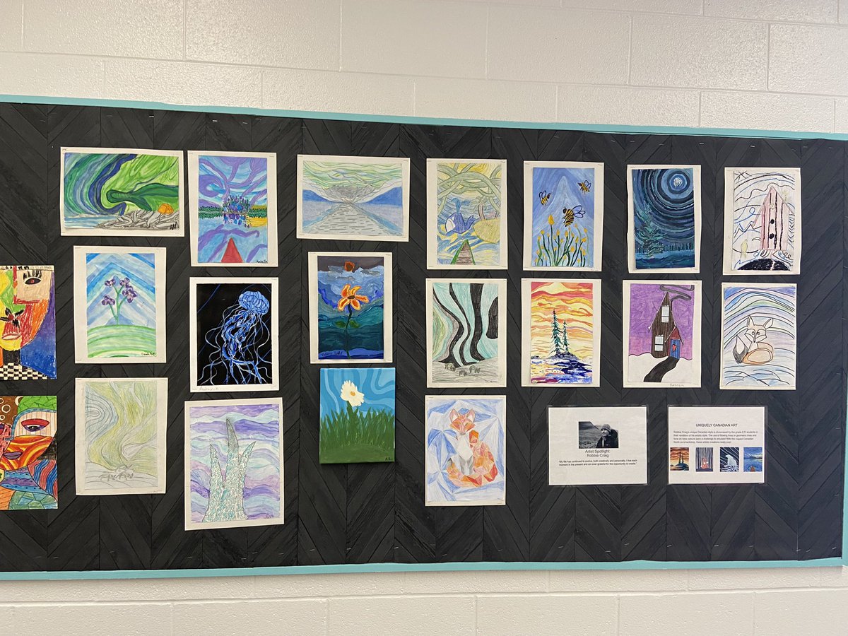 MarisaVenditti's tweet photo. Spotlight on Canadian Artists! First up: Robbie Craig. Students used his style of flowing lines and tonal colours to produce beautiful works of art, reflective of our great Canadian North. #robbiecraig #gr6art #talentedstudents @SayYcdsb https://t.co/nQ5LDQPzw5