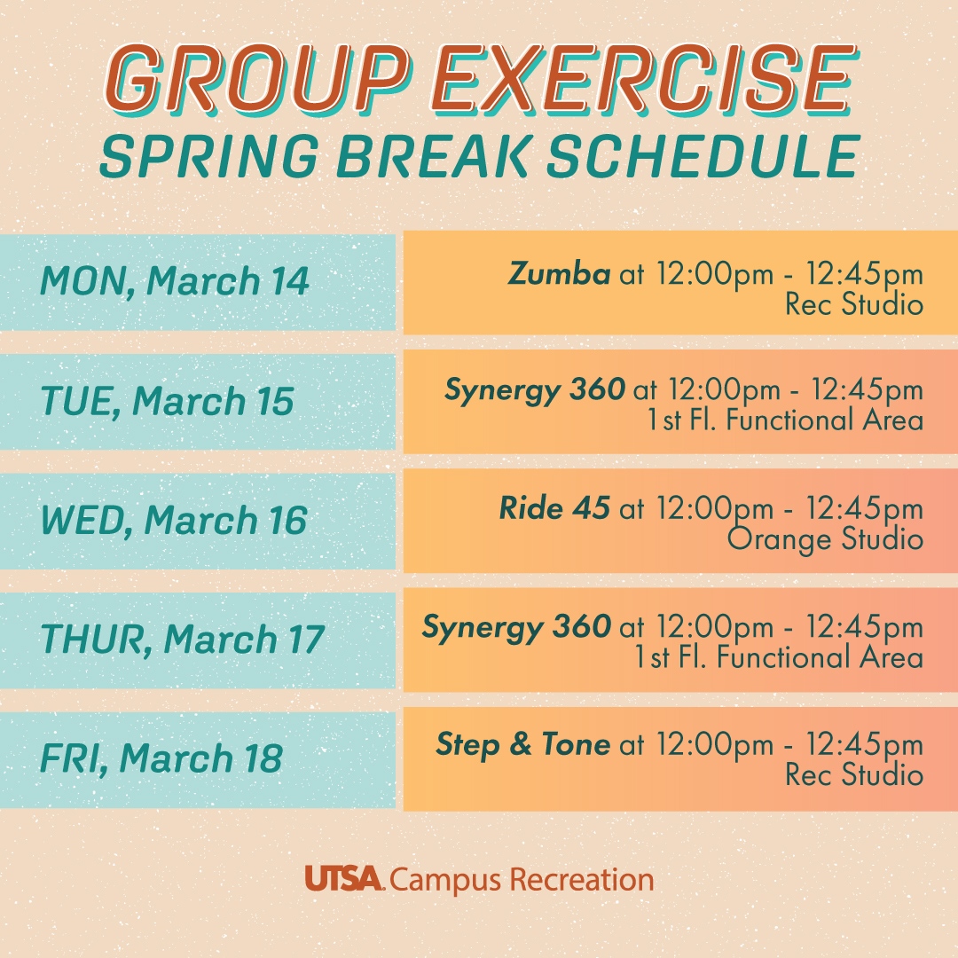 UTSARec's tweet photo. Are you looking to relax, beat the stress, and focus on your wellbeing during Spring Break? Don't worry, #UTSARec is here for you! Many of our facilities will still be available.  We will return to our usual hours with a new Group Exercise schedule on Monday, 3/21!⁠
#UTSA https://t.co/QD4ZGFflf1