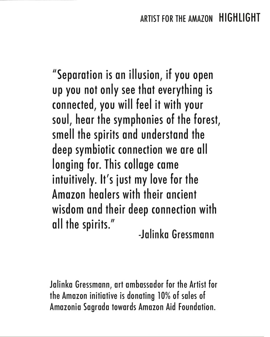 Jalinka Gressmann <a href="/JalinkaG/">Jalinka Gressmann</a> Artist for the Amazon creates beautiful collages &amp; is generously donating 10% of sales of 'Amazonia Sagrada' limited edition giclee print(50x50cm) to #AmazonAidFoundation signed On acid-free Hahnemuhle paper. #amazonrainforest  bit.ly/34wdzCC