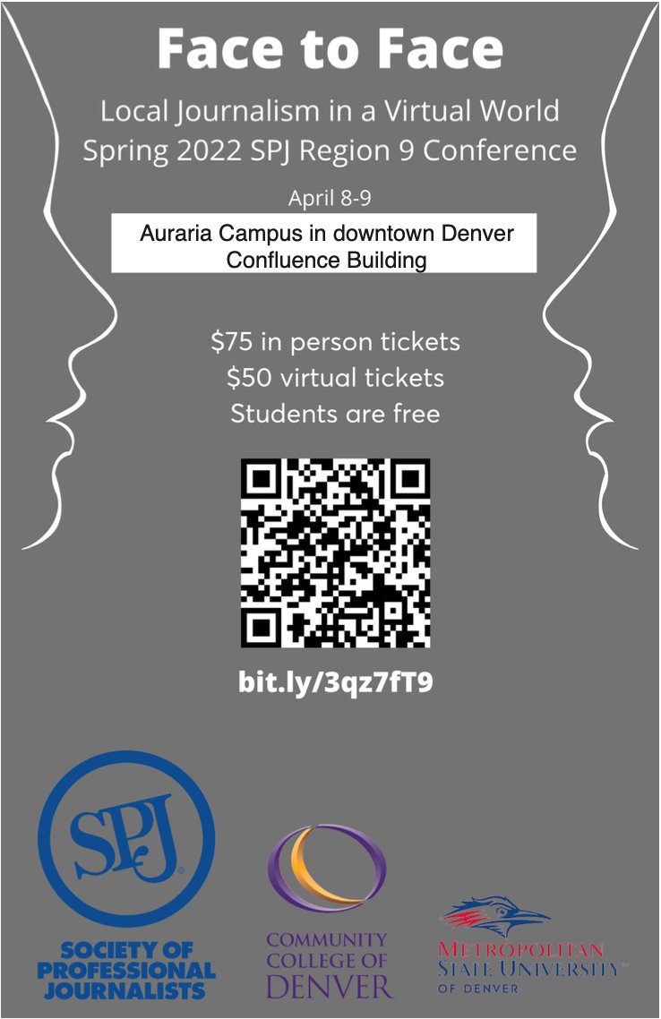 spjauraria's tweet photo. ๐ทUpdate!๐ทThe Spring 2022 SPJ Region 9 Conference will be held at the Confluence Building on the Auraria Higher Education Center.
#msudenver #ccdedu #cudenver #SPJColo #journalism https://t.co/qQdO0o0zCq