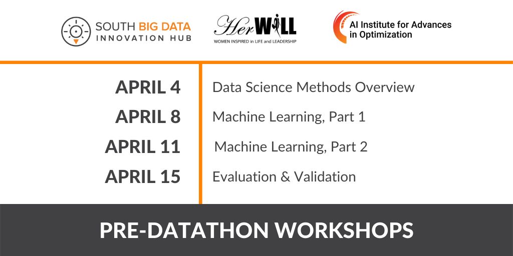 The #HerWILL "Datathon for Women of Color” will consist of a variety of workshops during the month leading up to the #datathon. Topics include educational overviews + #datascience basics to help prepare attendees for the datathon.

View the schedule here: southbigdatahub.org/resources/news…