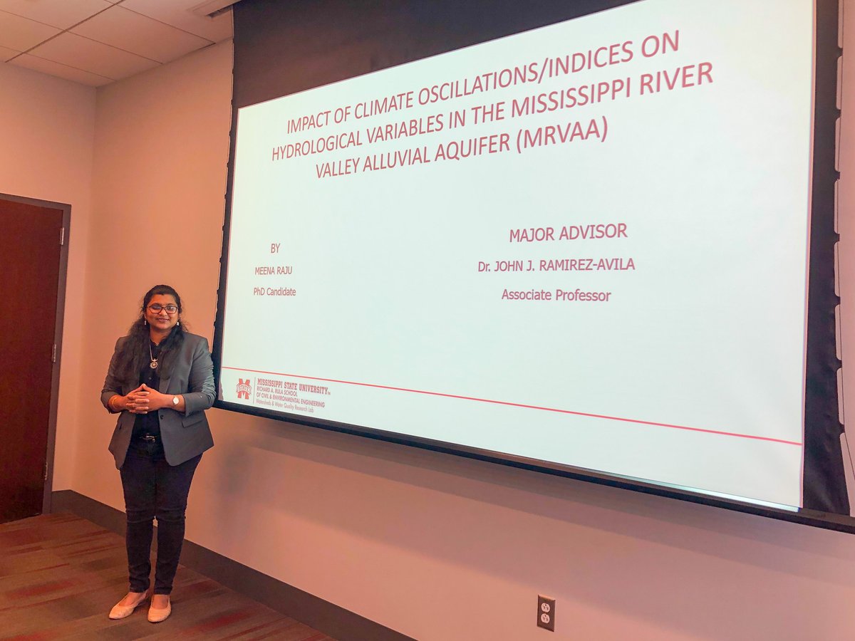 MSU_Watersheds's tweet photo. Congratulations to Meena Raju for a wonderful and successful dissertation defense!
On Thursday, March 10, 2022, Meena defended her dissertation titled, "Impact of Climate Oscillations/Indices on Hydrological Variables in the Mississippi River Valley Alluvial Aquifer" https://t.co/nF2n5ZaHZP