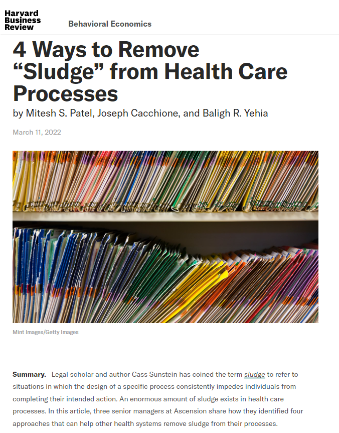 miteshspatel's tweet photo. Health care is hard for patients to manage. How can we remove #Sludge to improve patient experience &amp; care?  New @HarvardBiz article out today with @BYehia &amp; J. Cacchione highlighting 4 lessons learned from our work @Ascensionorg Check the article here:  https://t.co/OzvLYzjBJ6 https://t.co/IZkkKq9fT3
