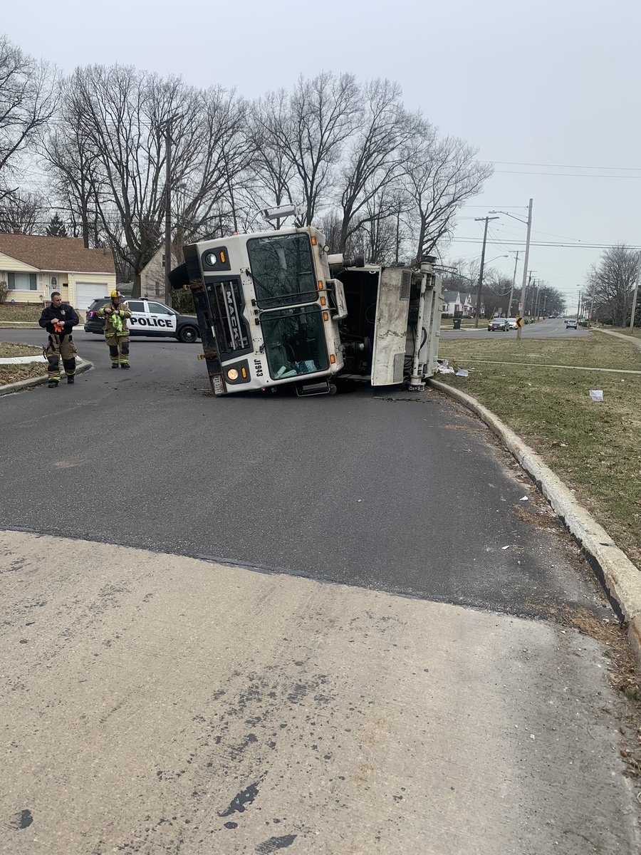 A Kimble garbage truck overturns at South Green and East Green. No injuries.