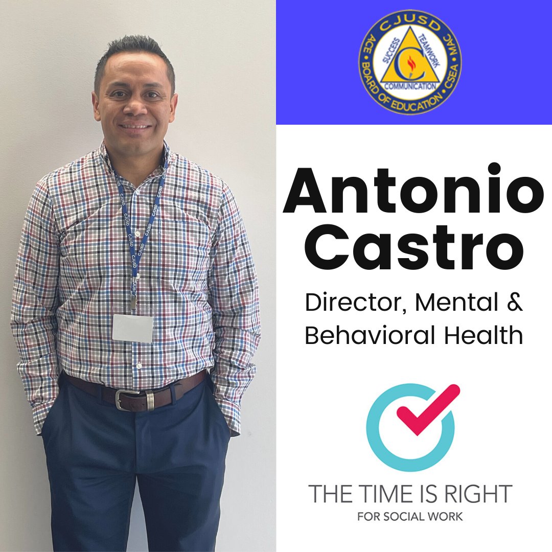 This month is Social Work Month, we will be featuring some of amazing staff members all month. TY to Antonio Castro, Director, Mental &amp; Behavioral Health. His favorite part of his job is to motivate and empower the future generation of school social workers. #CJUSD #CJUSDCares